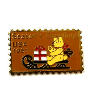 VTG 1981 USA USPS Christmas Stamp Teddy Bear Sled Enamel Pin Season's Greetings